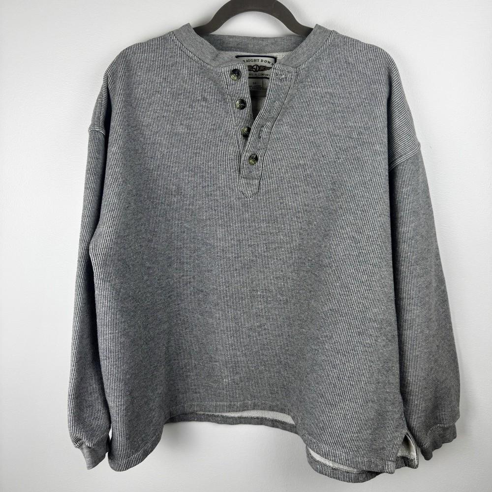 Mens Long Sleeve Henley Shirt Large Grey Textured Knit Heavy Warm Utility