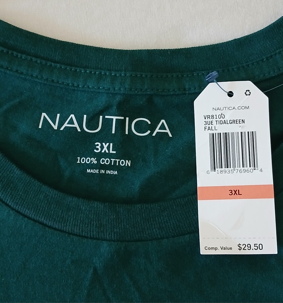 Nautica Men’s Green Crew Neck T-Shirt 3XL Big & Tall Solid Logo Cotton Knit NWT