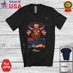 Custom Name 250 Years Freedom; 4th Of July Highland Cow Heifer Patriotic T-Shirt