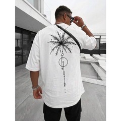 Fractyr Men’s Geometric Palm Tree Double Print Oversized Tee, White Streetwear​