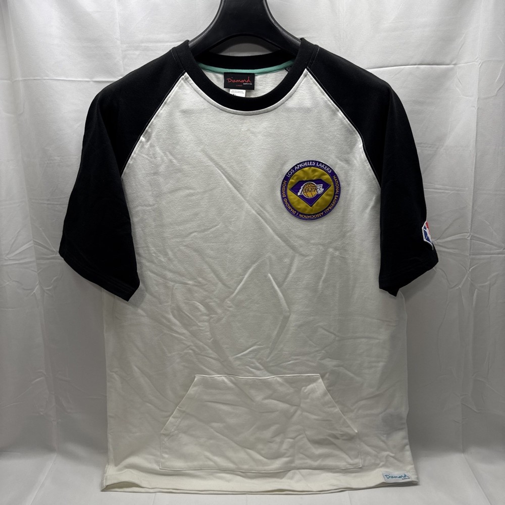 LA Lakers Size LARGE Diamond Supply Co White Black Raglan Shirt w Front Pocket