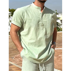 Men’s Cotton Linen Henley Shirt Summer Breathable Casual T-Shirt Tee Casual Gift