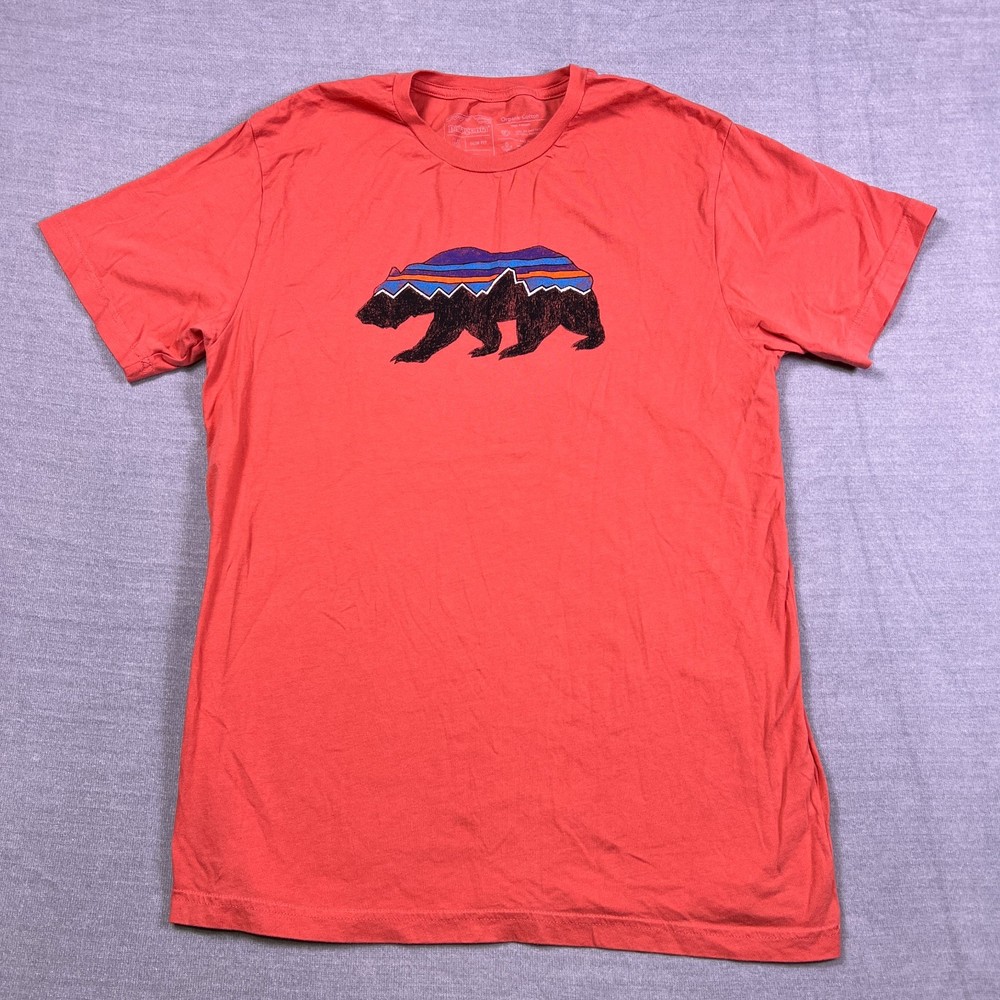 Patagonia Mens Orange Fitz Roy Bear Organic Crewneck Slim Fit T-Shirt Size M
