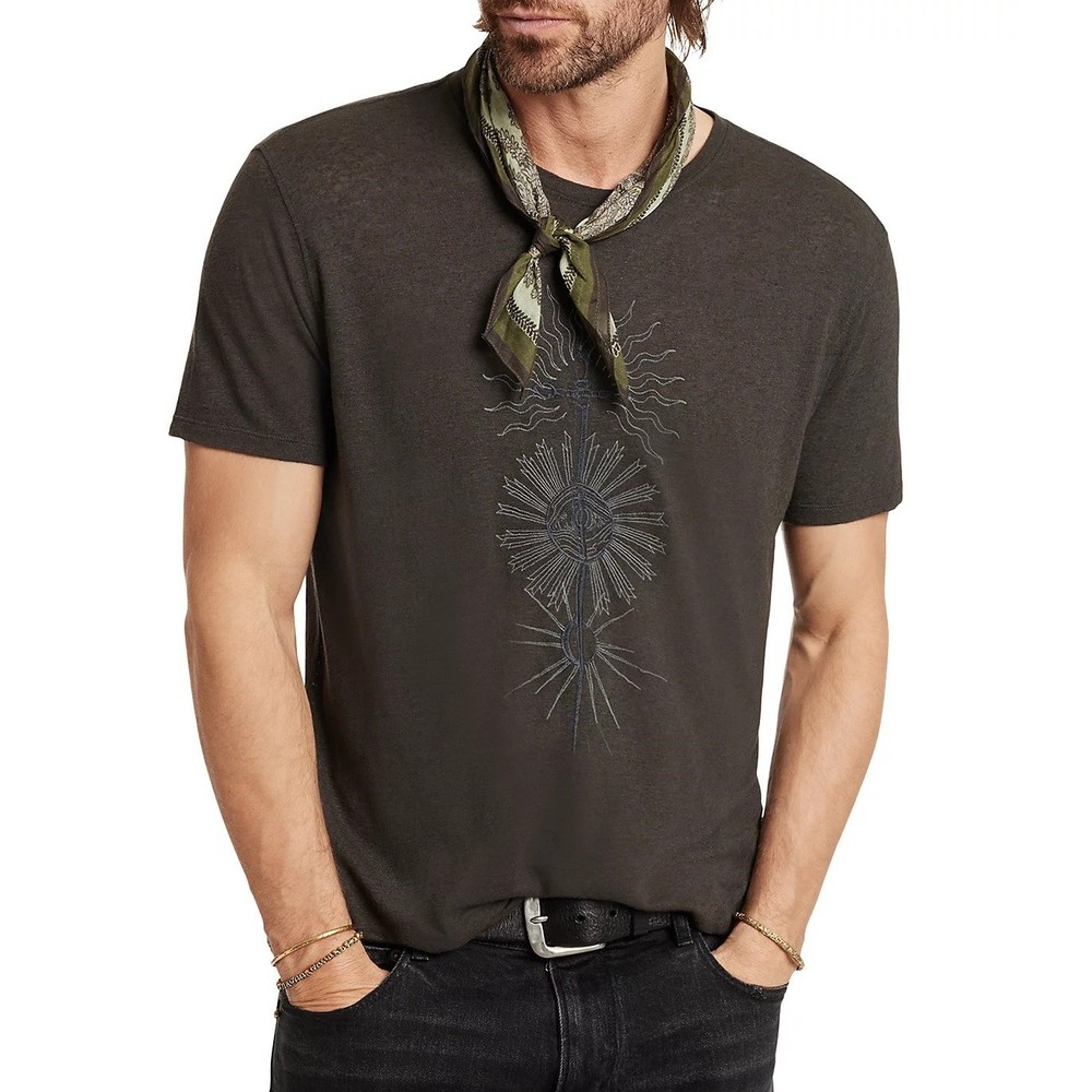 John Varvatos Men’s Dagger Sun Rays Embroidered T-Shirt Linen Modal Carbon Grey