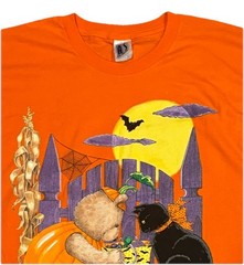 Vtg Halloween T-Shirt Size L Cat Bat Bear Full Moon Candy Crew Atlas Sports 90s