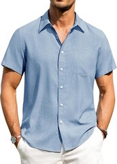 Men’s Linen Shirt Short Sleeve Button Down Wrinkle Free Casual Summer Beach Top
