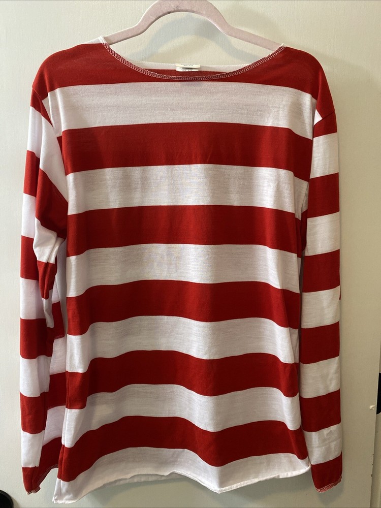 Spirit Halloween Where’s Waldo Shirt Mens Size S/M Red/White Striped Full Sleeve
