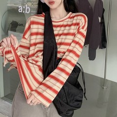 Korean Fashion Women’s Loose Striped Blouse Long Sleeve Crew Neck Streetwear