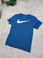 Nike Double Swoosh Tee Shirt Mens M Medium Blue Crew Embroidered Cotton Roman