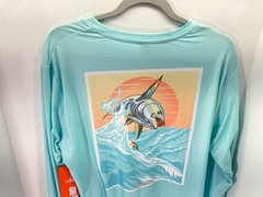 Habit Crooked ELM Graphic T-Shirt Mens M Aqua Blue Long Sleeve Solar Factor NWT