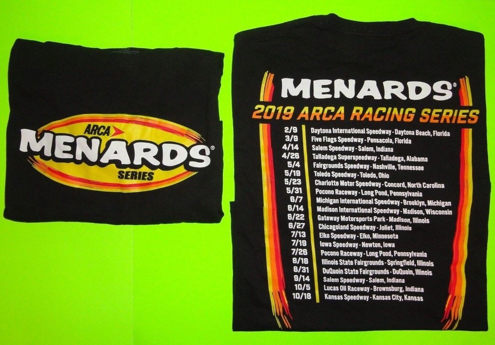 (Lot of 2) Sz M / Medium BLACK Menards ARCA Racing Series 2019 Schedule T-Shirt