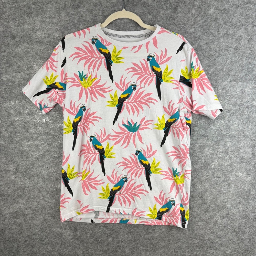Free Planet Men’s Medium Parrot Tropical Graphic T Shirt Pink Cotton Summer Fre