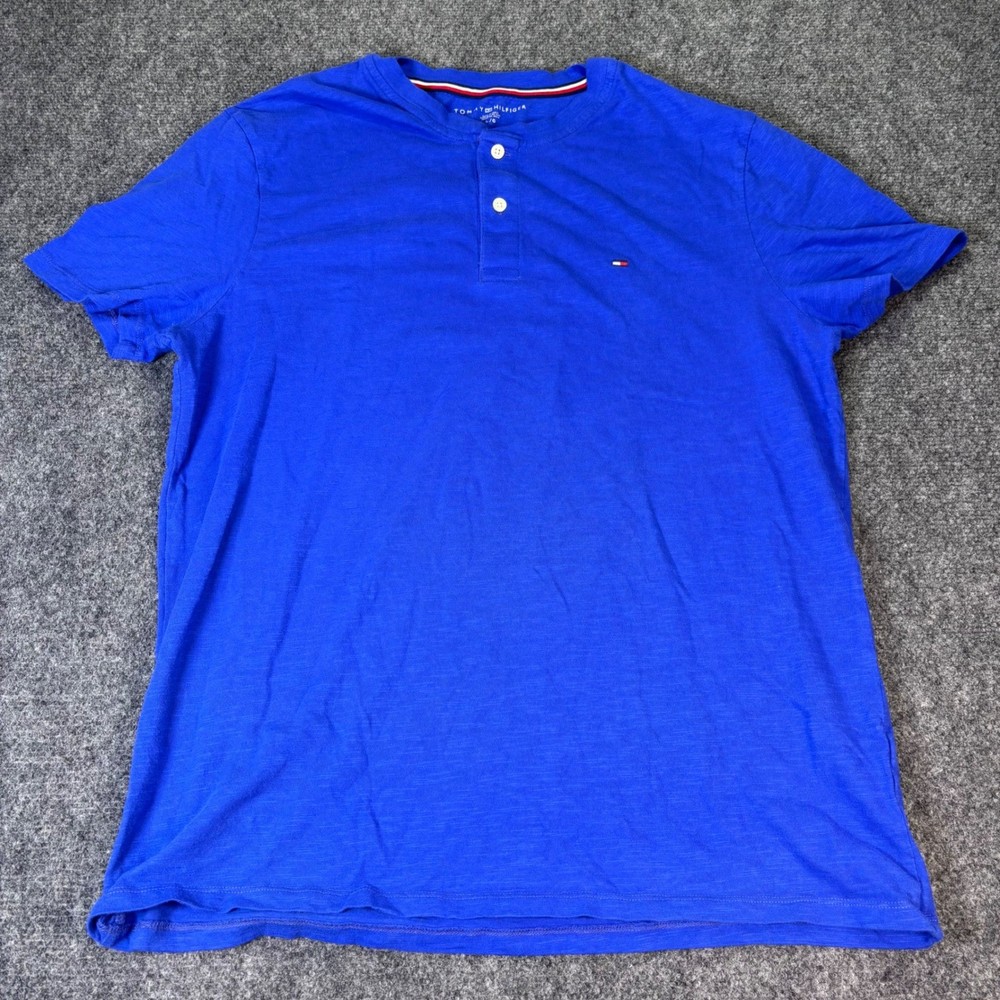 Tommy Hilfiger Mens Blue Slub Cotton Short Sleeve Henley Shirt Size L