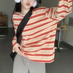 Korean Fashion Women’s Loose Striped Blouse Long Sleeve Crew Neck Streetwear