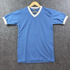 VTG 70s Nylon Mesh Flock Printed V Neck Jersey Mens M Blue Baseball Football
