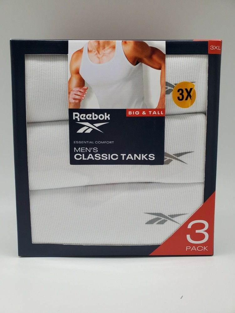 REEBOK 3 Pk Men’s S M L XL 2X 3X 4X Essential Comfort White Cotton Ribbed Tanks