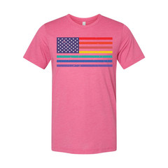 Unisex American Flag Tee With Rainbow Stripes Graphic Across Chest For Pride And