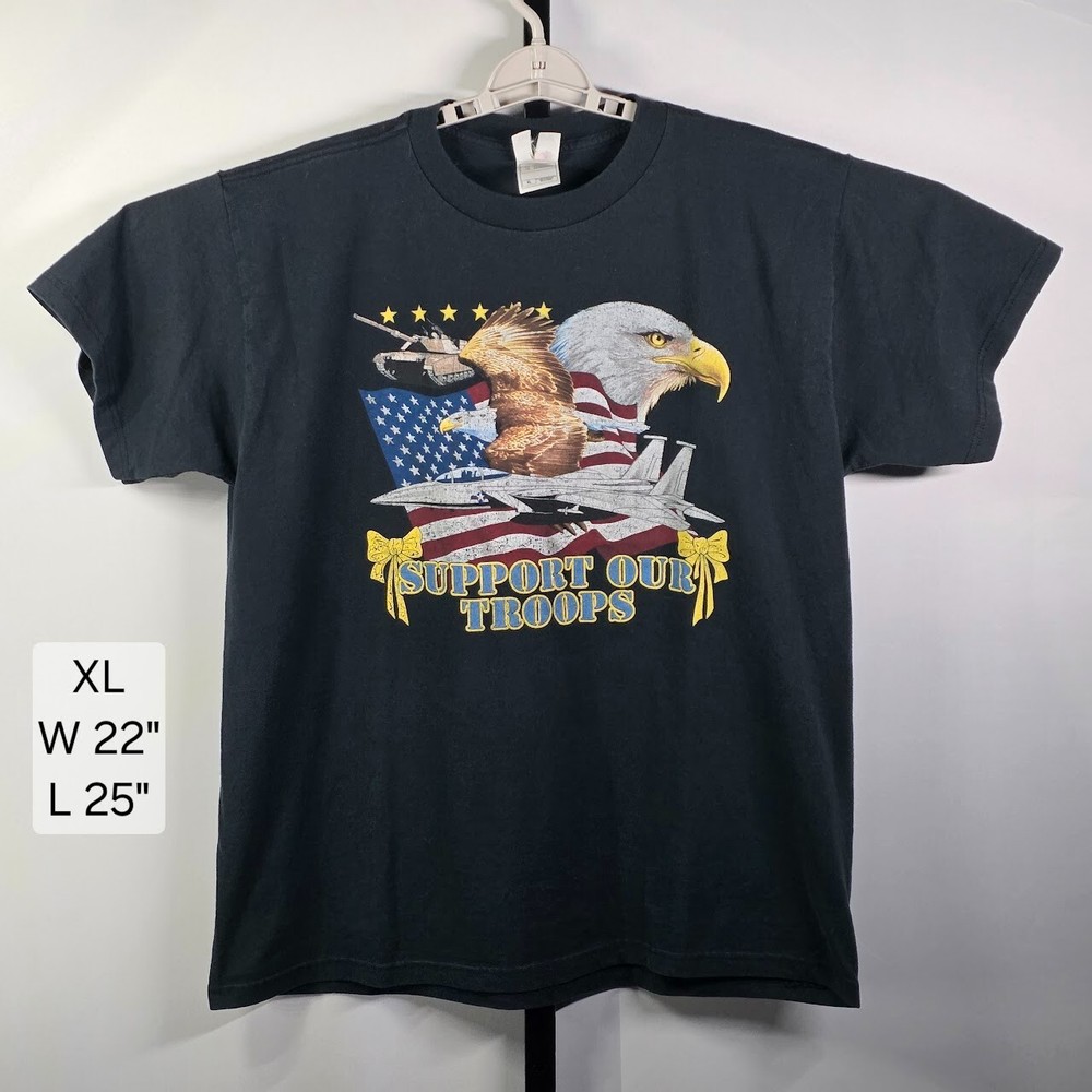 Support Our Troops XL T-Shirt Patriotic Eagle Flag Jet Tank USA Military