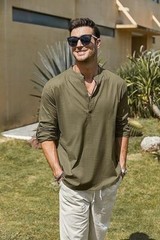 COOFANDY Men’s Cotton Linen Henley T-Shirt Long Sleeve Hippie Casual Beach green