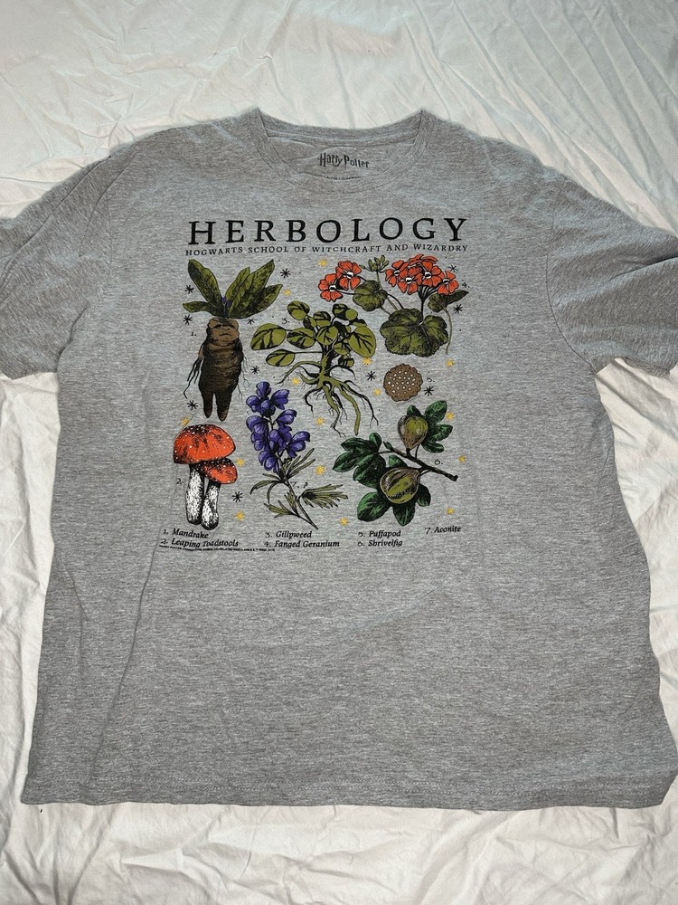 Harry Potter Herbology Graphic Print Gray Cotton Knit Crew Neck T-Shirt Unisex L