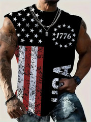 Fashion Men Flag Vest Stretch Fabric Sleeveless Fitness Basketball Wear Black