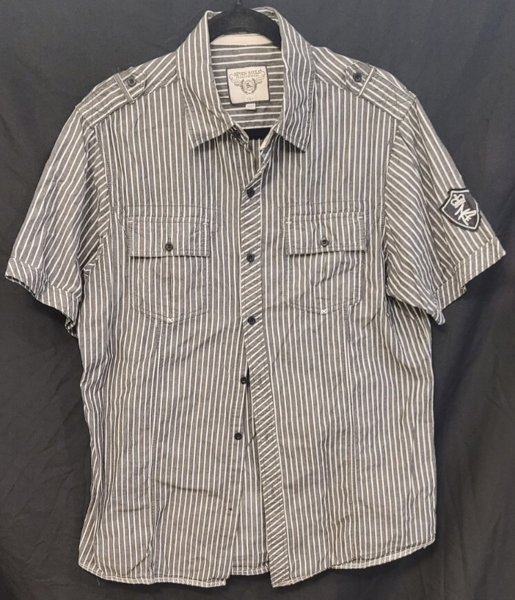Seven Souls Striped White & Black Button Up Shirt Size Large With Patches