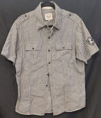 Seven Souls Striped White & Black Button Up Shirt Size Large With Patches