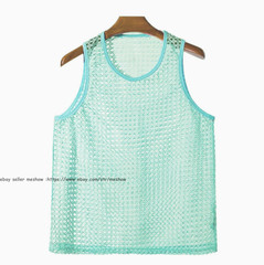 Mens Knitted Crochet Tank Tops Summer Hollow Sleeveless T-shirt Scoop Neck Shirt