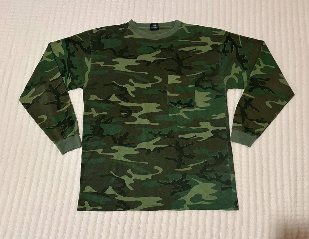 Vtg Ace Sportswear Shirt Woodland Camo Pocket Single Stitch USA Made 90s Large