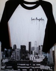 Los Angeles California Typeo Baseball Style T Shirt High Rise Building Graphics