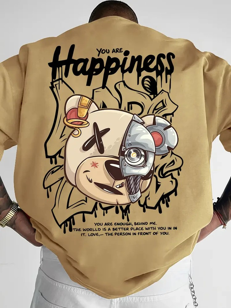 Asymmetrical Bear & Robot Design Men’s Summer T-Shirt