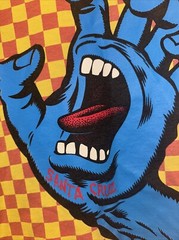 XL Santa Cruz T Shirt, Yellow, Blue Screaming Hand, 1980’s, 42” Chest, 40” Waist
