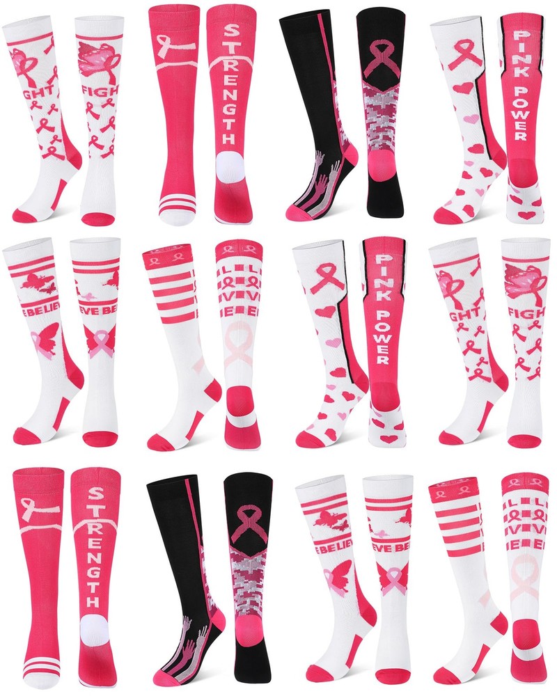 12 Pairs Breast Cancer Awareness Socks Bulk Pink Ribbon Knee High Compression…