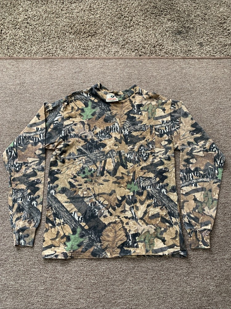 Vintage USA Made Mossy Oak Camo Brown Forest Floor Pocket Long Sleeve T-shirt L