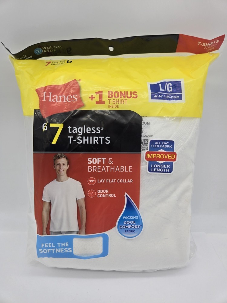 Hanes 7 Pack Men’s Crew Neck T Shirts L 42-44 White Wicking Tagless Flex Fabric