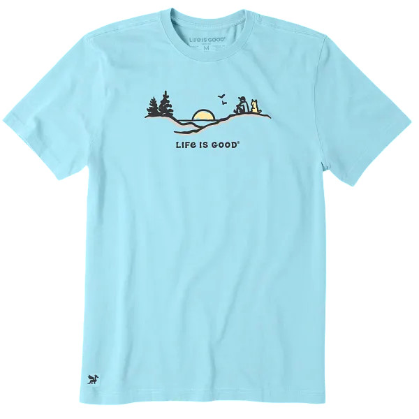 Life is Good. Men’s Pine Sunset Vista Short Sleeve Crusher Tee, Aqua Blue