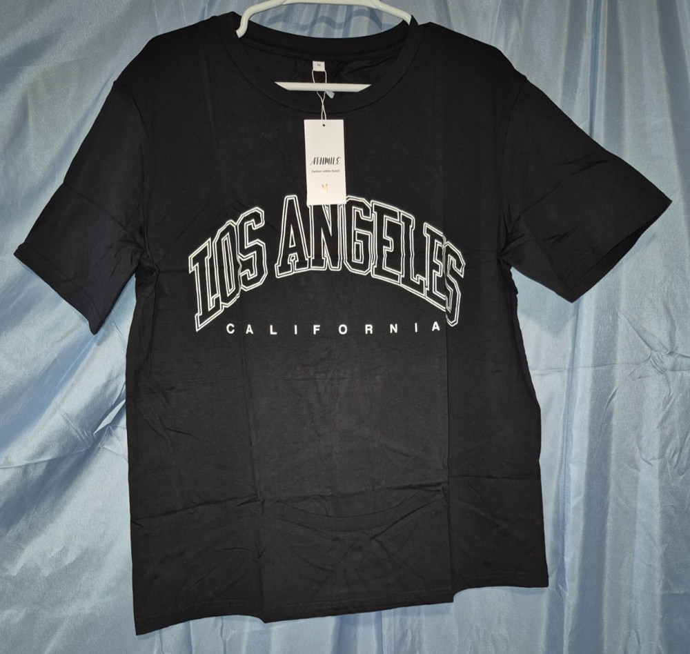 Athmile Black LOS ANGELES California Logo Crew Neck SS Oversized Tee Size M NWT