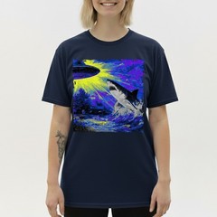 Retro UFO Shark Attack T-Shirt Vintage Sci-Fi Alien Abduction Space Graphic Tee