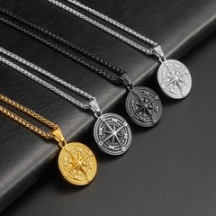 Men’s Compass Pendant Necklace Stainless Steel Compass Circle Vintage Coin Ne…