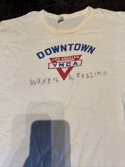 Vintage 60s Russell Running Man YMCA Felted Print T Shirt Size Large