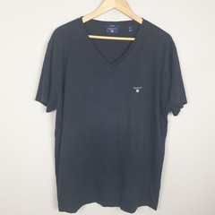 Gant T Shirt Mens 2XL Black Shield Logo Classic Preppy Casual Minimalist V Neck