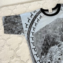 Vintage Blue All Over Print Machu Picchu Peru Nature Graphic T-shirt Large
