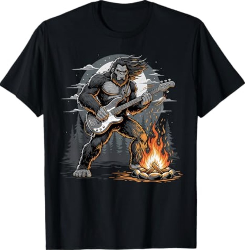Cool Bigfoot Playing Bass Guitar, Sasquatch Big Foot Rock T-Shirt
