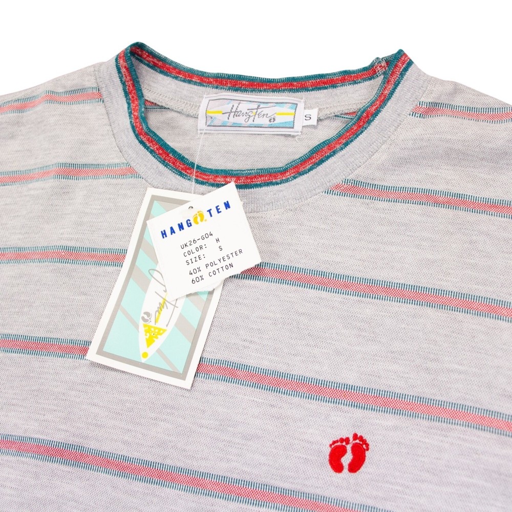 Vintage NWT Hang Ten Mens Small Gray Striped Crewneck T Shirt Poly Cotton Blend