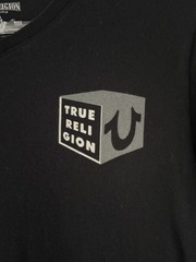 True Religion Buddha Box V Neck T Shirt Mens L Black Graphic Spellout Guitar