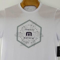 TravisMathew Mens Graphic T-Shirt White Floral Hexagon Logo Tee Large NEW
