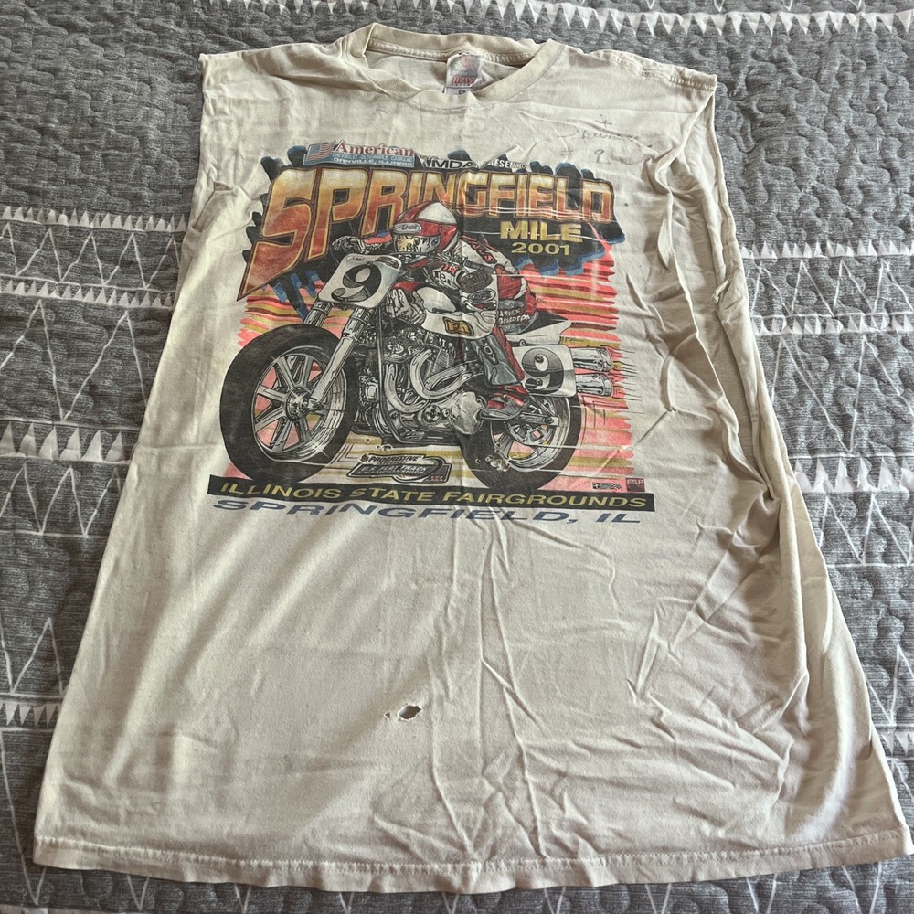01’ VTG Autograph Springsteen Springer Flat Track Racing Tee Size XL Cut Sleeves