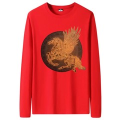 New Fashion Horse Wing Rhinestone Diamond Long Sleeve Luxury Men Trend T-Shirt