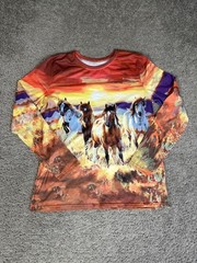 Horse Shirt Mens M Western Plains Graphic Long Sleeve Crew Jersey Casual