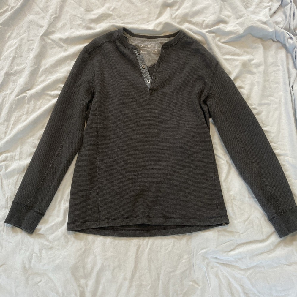 Eddie Bauer Waffle Henley Pullover Men’s Medium Black Button Long Sleeve Outdoor